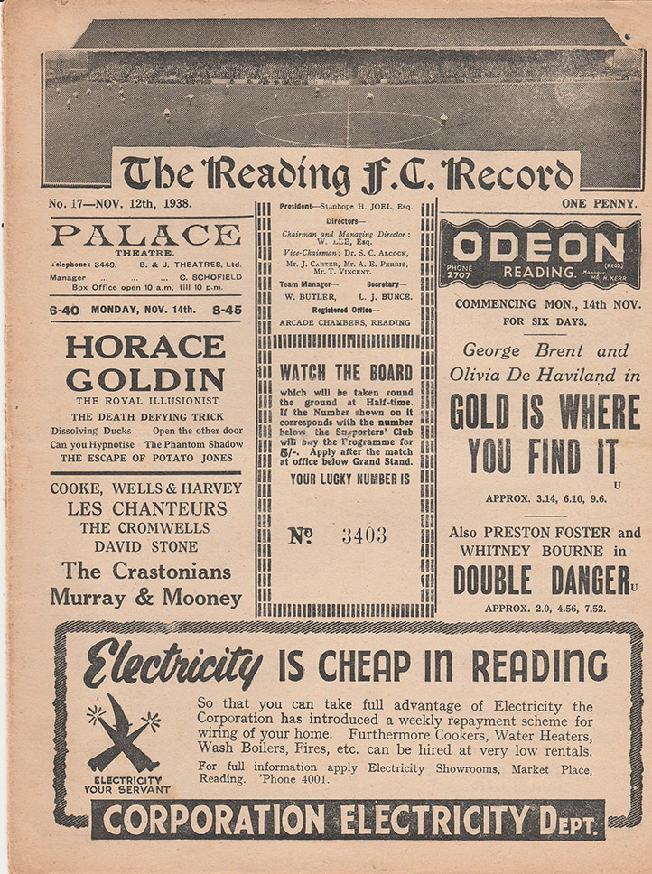 <b>Saturday, November 12, 1938</b><br />vs. Reading (Away)